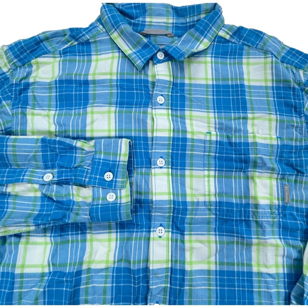 Columbia Shirt Men XL Blue‎ Green Flannel Button Up Plaid Pocket Outdoors Camp *